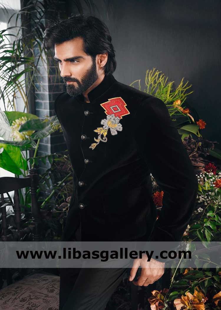 Black Velvet Prince coat for groom with embroidery motif