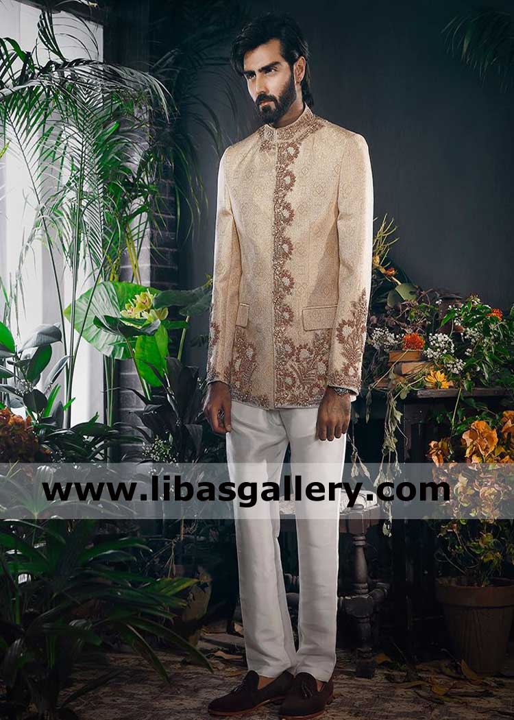 prince coat for wedding event for man in jamawar banarsi fabric with fancy type hand embellishment and  white pants wolverhampton winchester UK