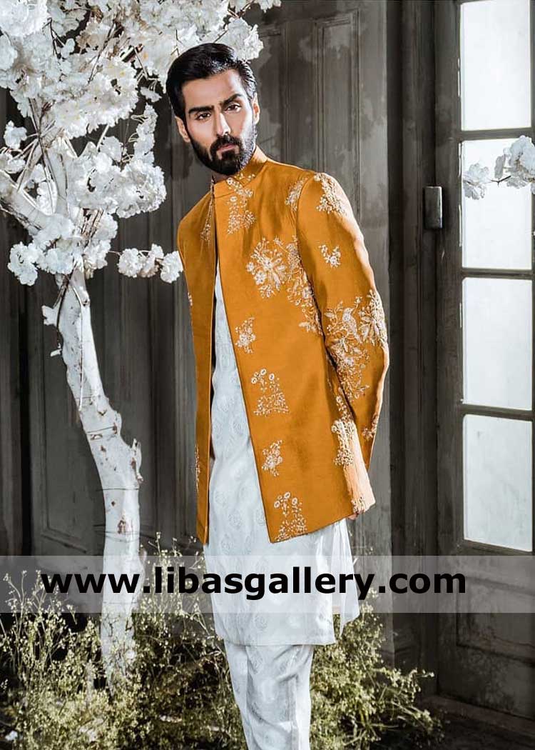 Tangerine Groom prince jacket indian raw silk hand embellished for mehndi and Eid Milan party at relatives uk usa saudi arabia