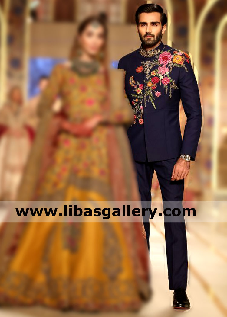 Dark Blue prince coat with gold multi color Embroidery