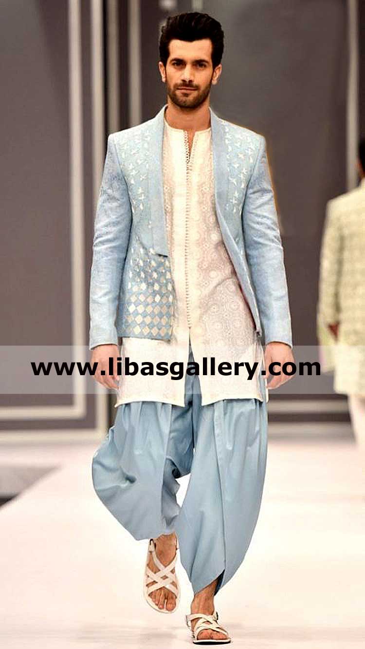 actor muneeb butt pakistan posing on groom embroidered prince coat for nikah walima day with dhoti tulip style shalwar embroidered inner kurta uk usa canada