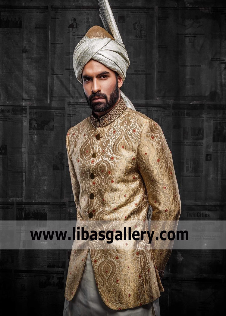 Golden jamawar groom hand embellished collar prince coat design for barat and pretied turban on additional price uk usa canada