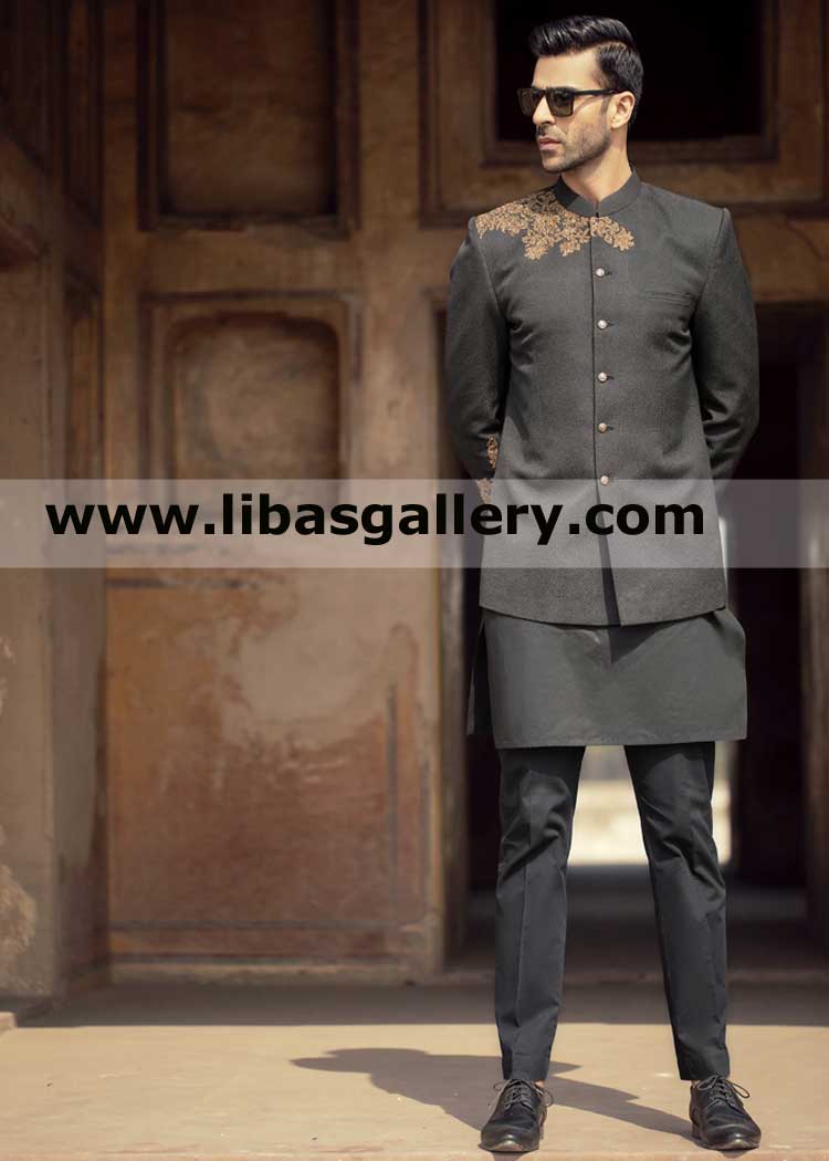 Black jamawar prince coat for tall man sharp minded nice embroidery on chest and shoulder area Liverpool Nottingham UK