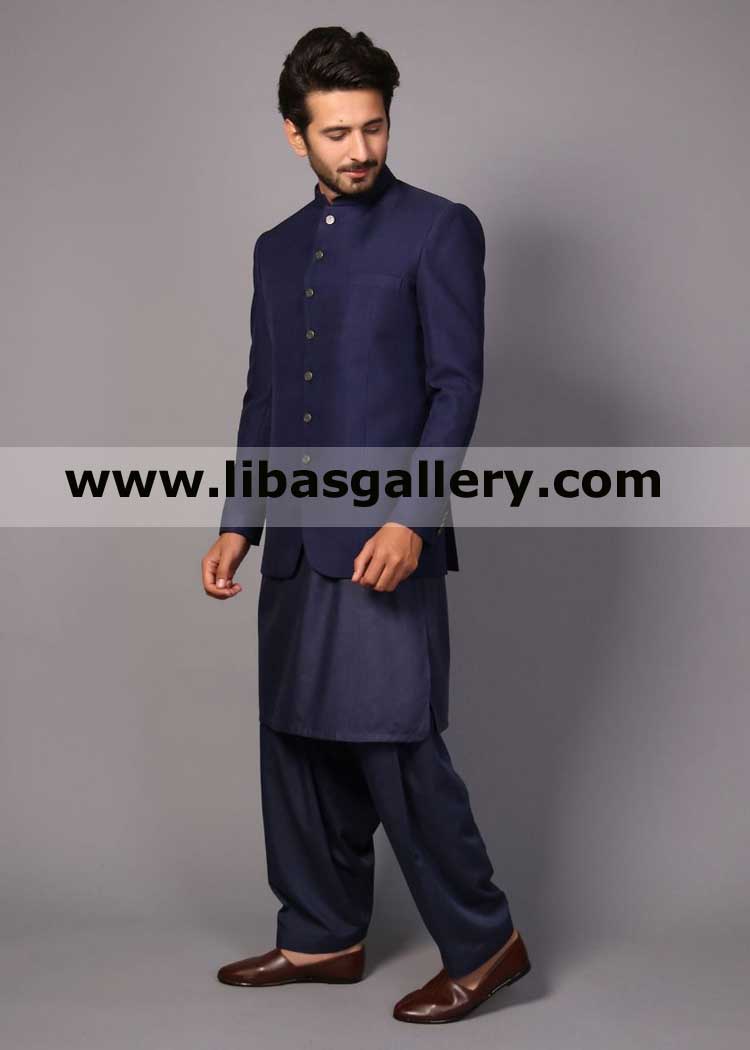 Dark shade prince coat design for friend nikah walima participation with inner kurta pajama high quality fabric and stitching Nashville Los Angeles USA