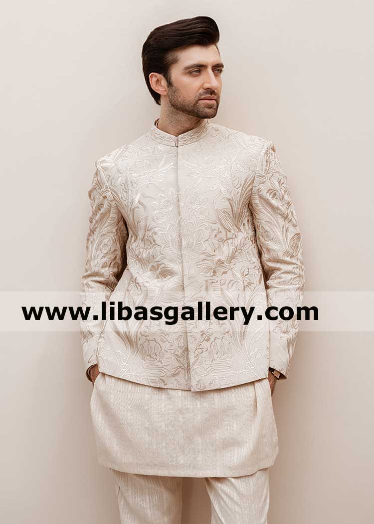 Floral pattern man nikah barat prince jacket in beige color made by karandi high quality fabric hand embellished collar Asia Australia South Africa