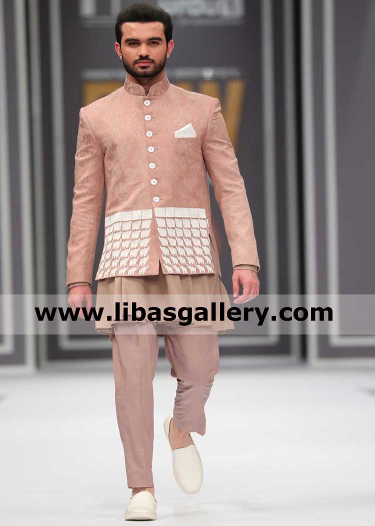 Coffee pink straight Cut wedding prince coat for man in karandi with resham thread embroidery and satin inner kurta pajama suit uk usa canada