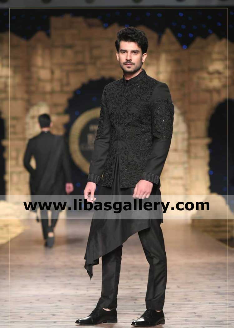 latest Black Embroidered mens wedding prince coat design with asymmetrical kurta daman cut and black straight pajama uk usa canada