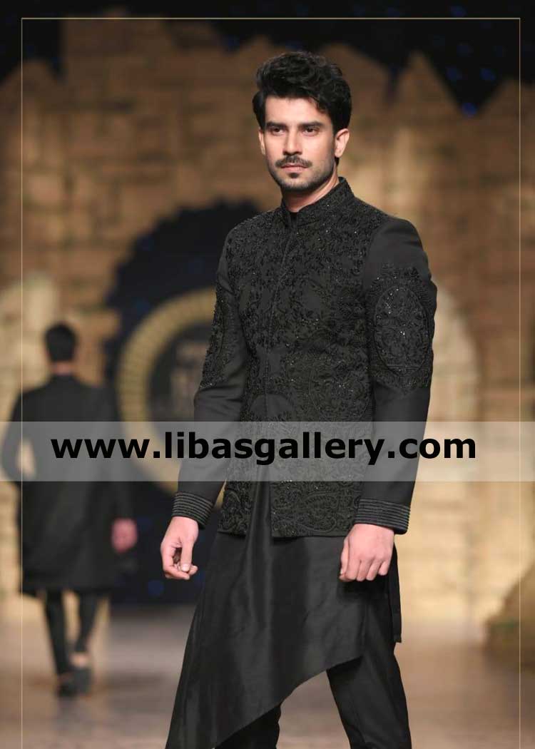 Black Embroidered mens wedding prince coat style