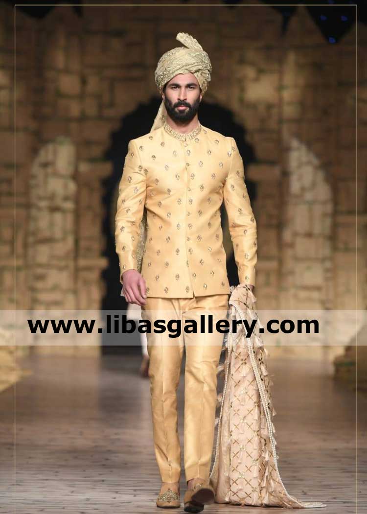 unique golden color slim fit mens prince coat embroidered with matching pants suitable for nikah barat day australia france germany