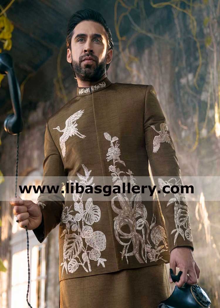 Ali rehman khan actor dark shade embroidered prince coat with beige wild embroidery birds crane pattern for mehndi barat nikah uk usa canada