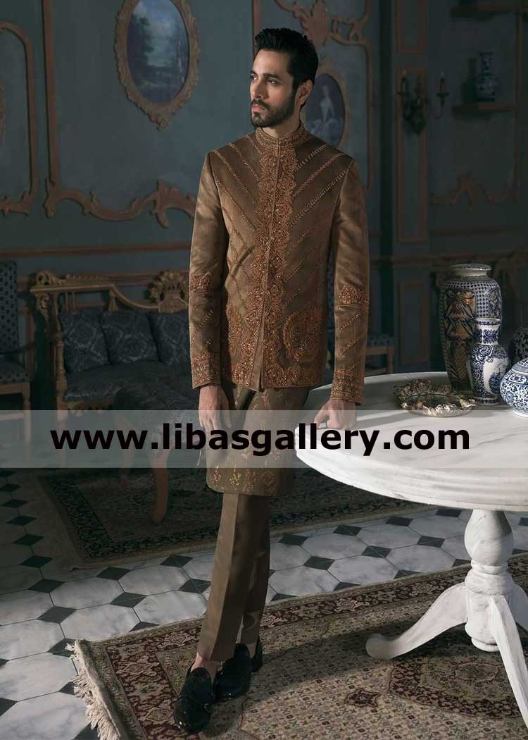 Bronze hand Embellished royal type groom prince coat with antique material hand embellishment on collar sleeves and front Saudi arabia Singapore Turkey