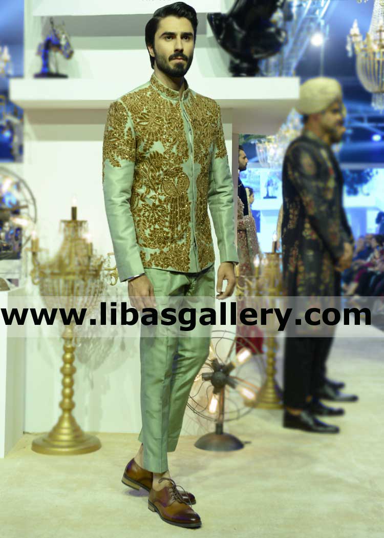 Gold antique embellished collar sleeves and front panels prince coat for stylish modern groom buy jacket online worldwide delivery dubai sharjah abu dhabi uae