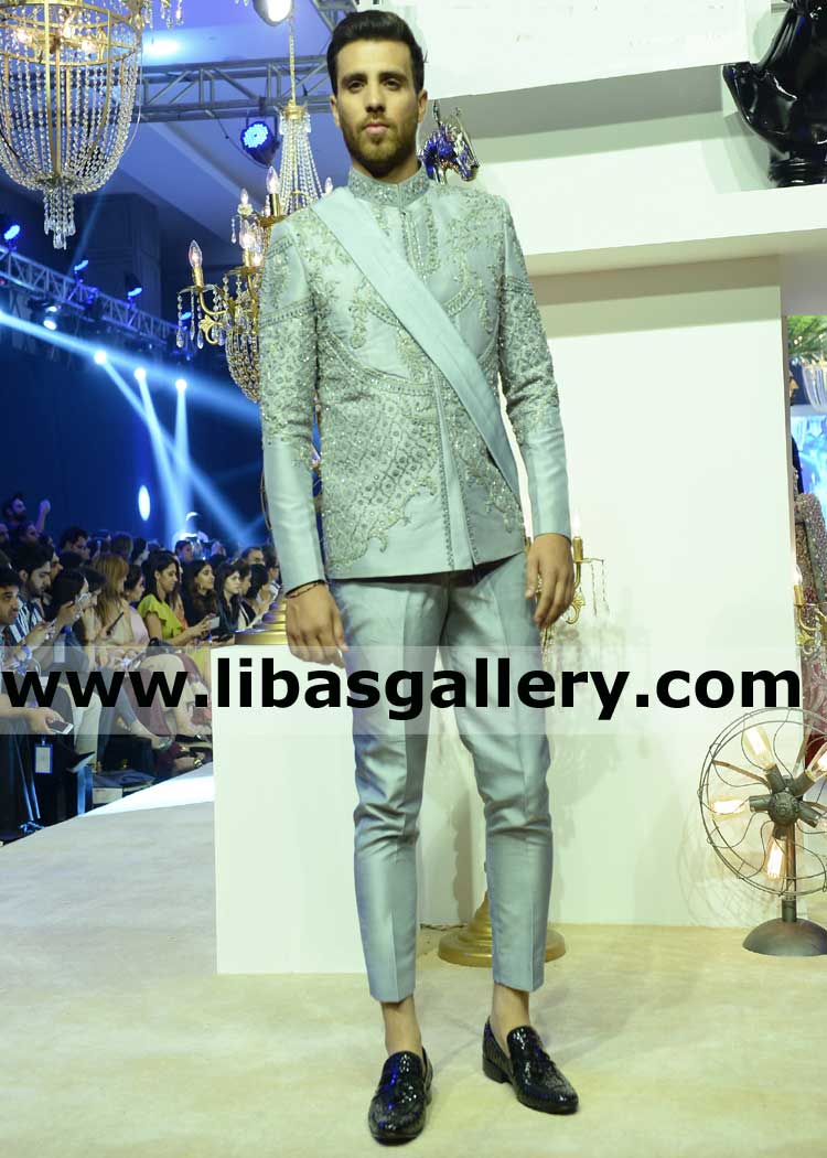 Admiral style groom gray prince coat suit for nikah barat time silver hand embellishment on raw silk jacket kuwait dubai qatar
