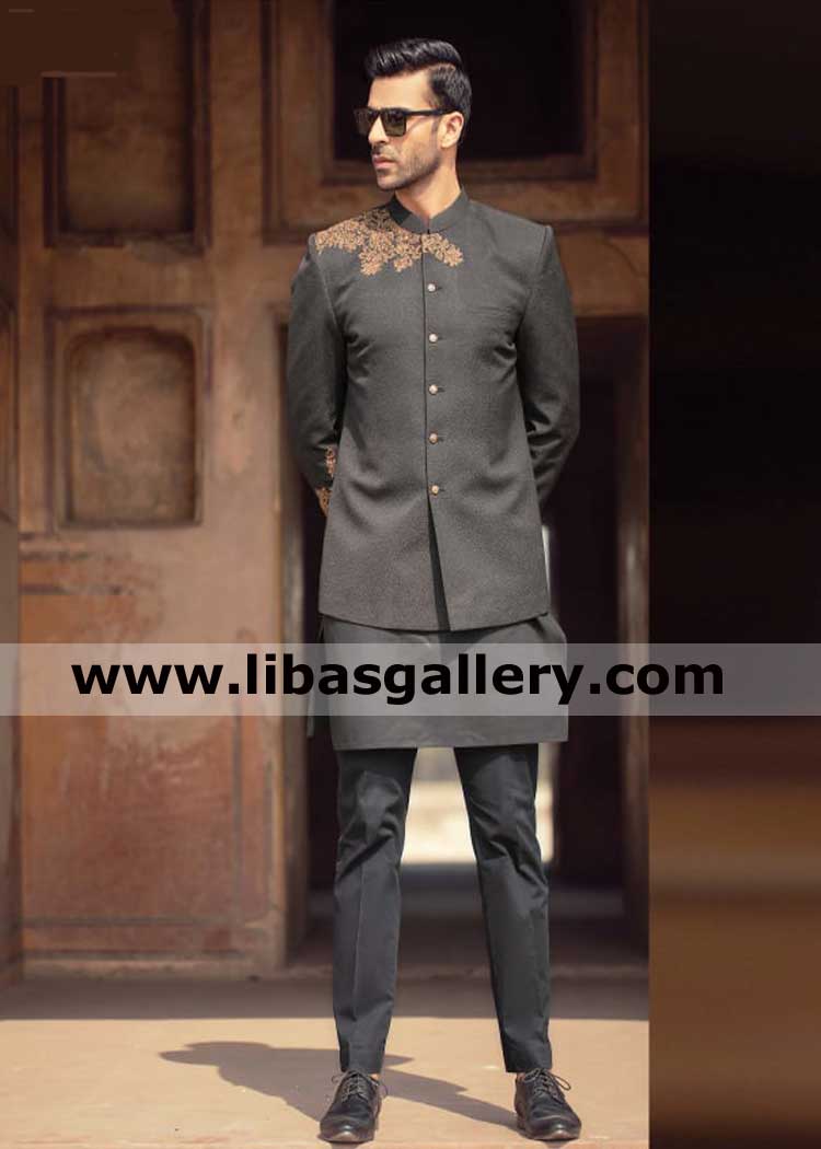 Black wedding prince coat with antique beautiful embroidery 