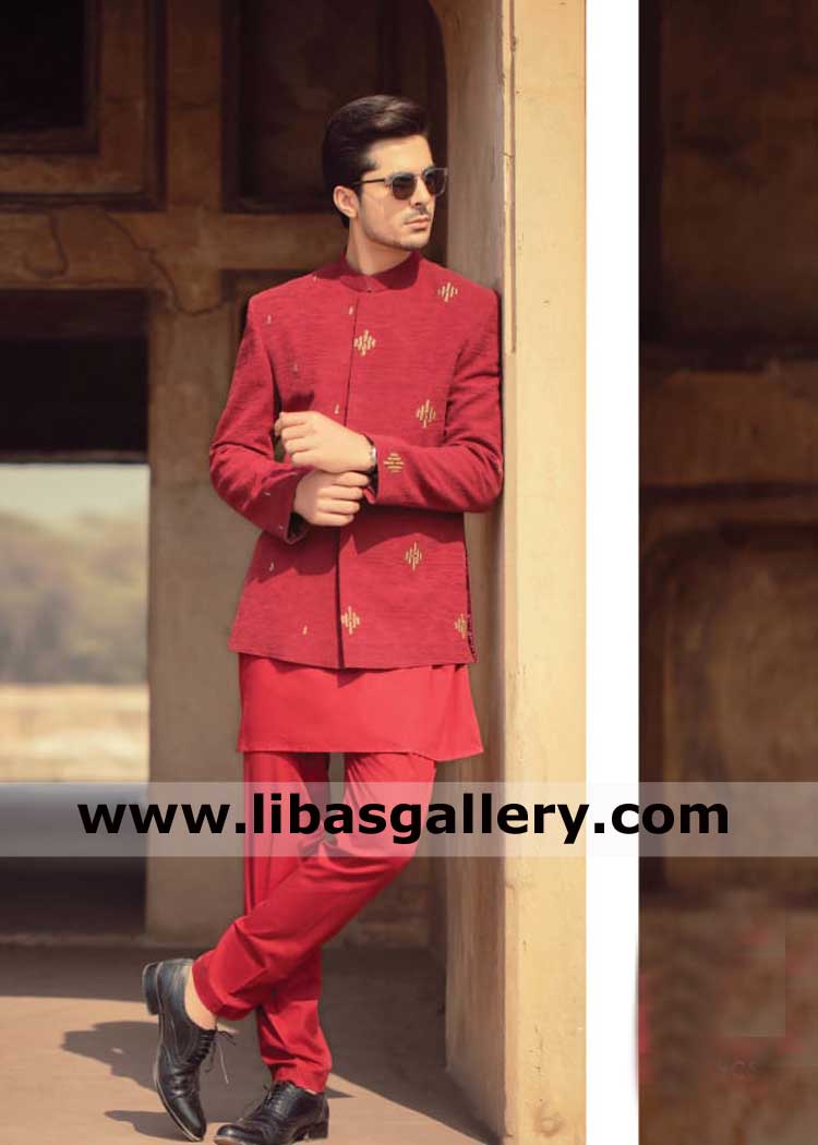 small motif red embroidered groom prince coat suit raw silk for barat nikah in masjid call for pakistani prince coat readymade delivery to uk usa canada