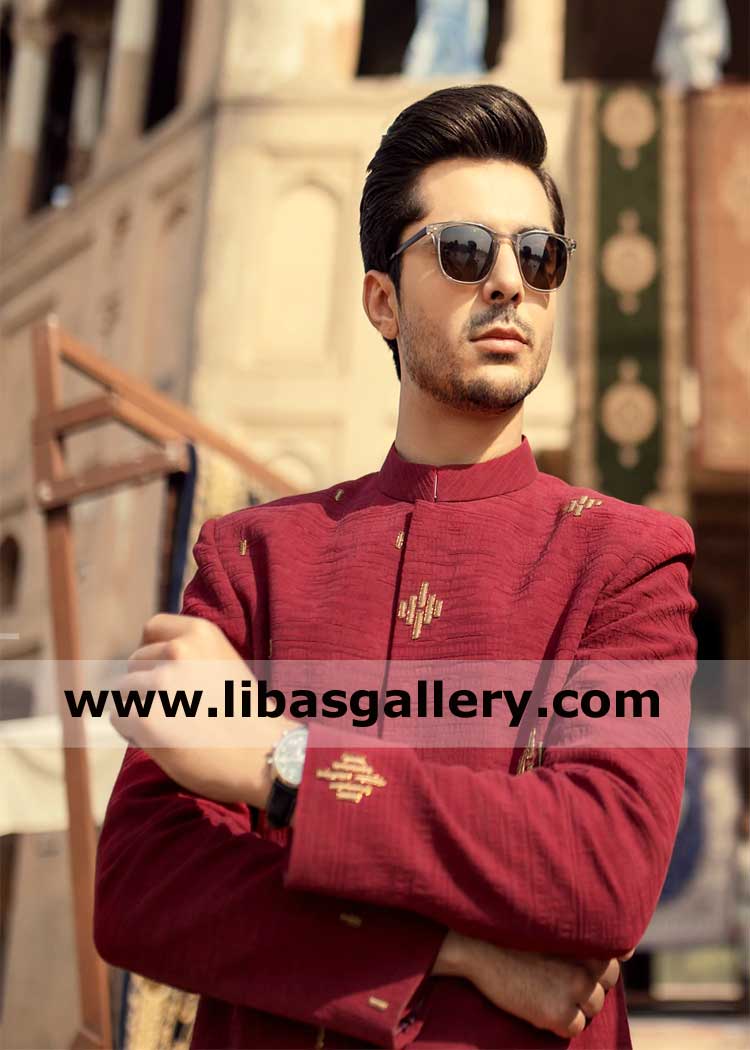 small motif red embroidered groom prince coat suit