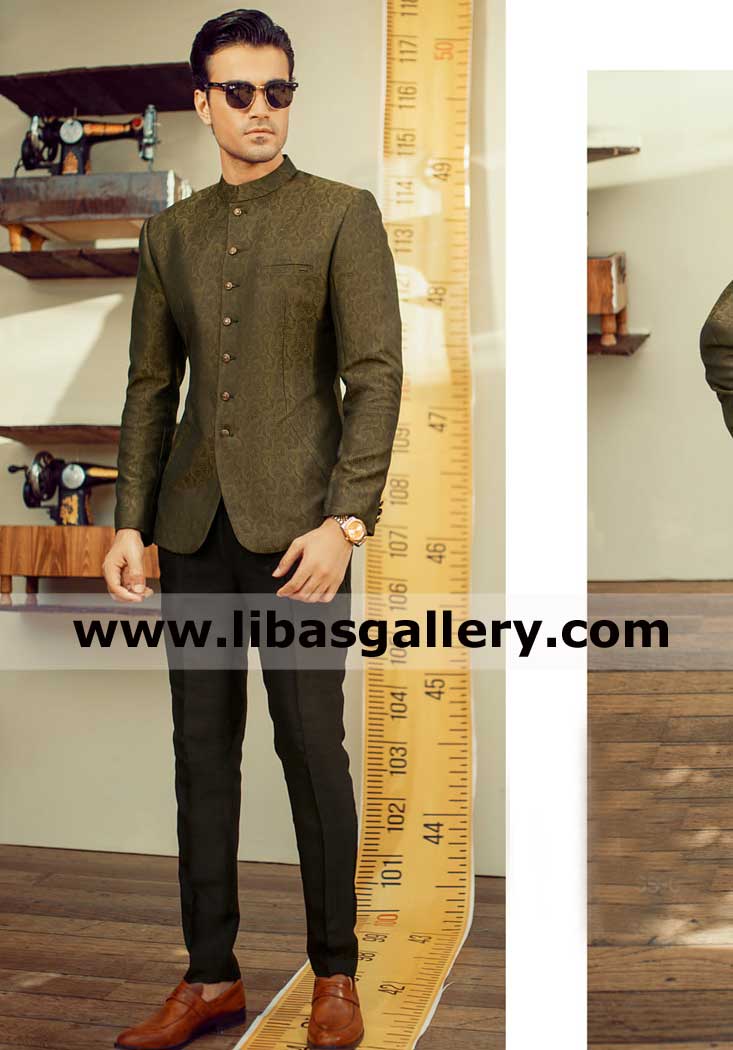 Olive green prince coat for groom mehndi event 