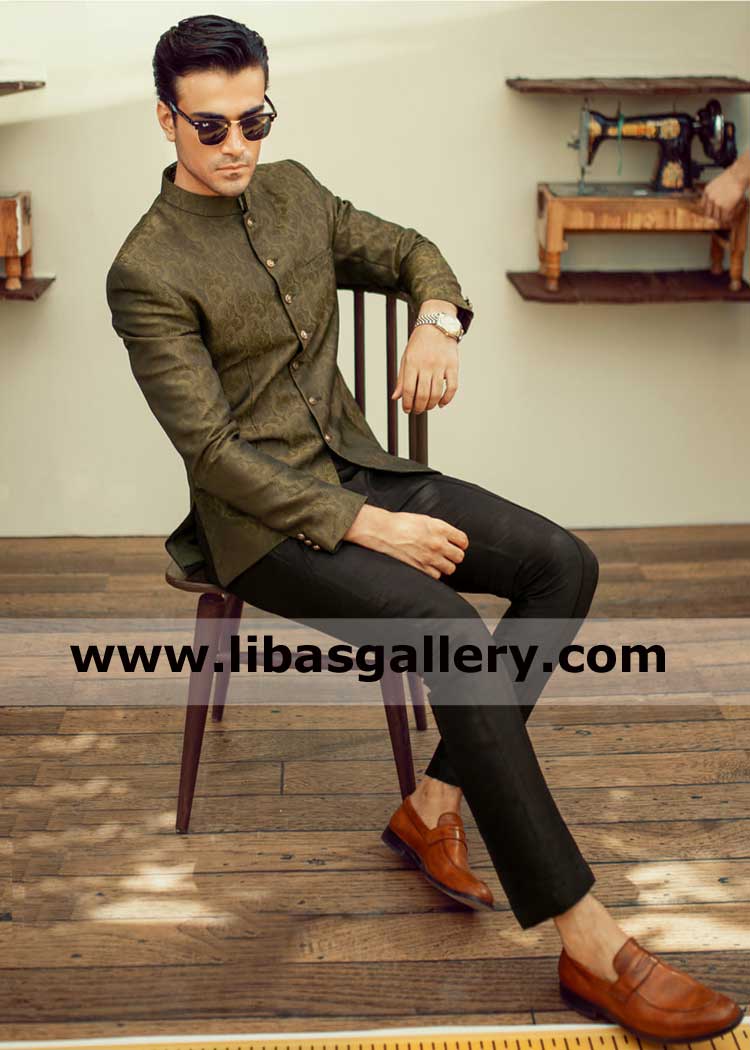 Olive green prince coat for groom mehndi event 