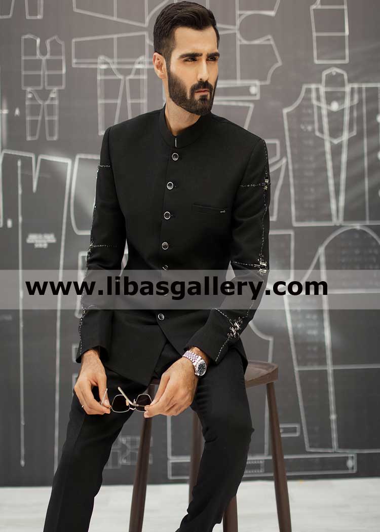 Royal black prince jacket blended fabric for nikah barat special occasion hasnain lehri stylish man in wedding prince coat saudi arabia dubai qatar