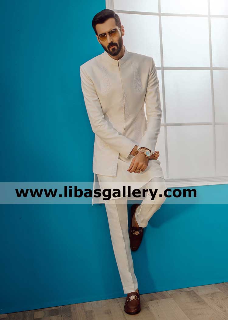 Formal White Prince Coat With Delicate Embroidered Motifs In Self best article for man to wear on mehndi walima event Romania France Slovakia