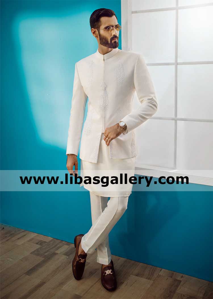 Formal White Prince Coat With Delicate Embroidered Motifs In Self