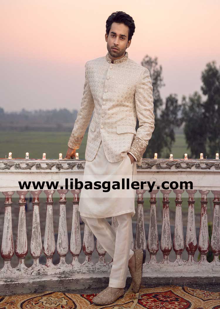 Neatly cut Wedding Prince suit adorned with subtle embellishments