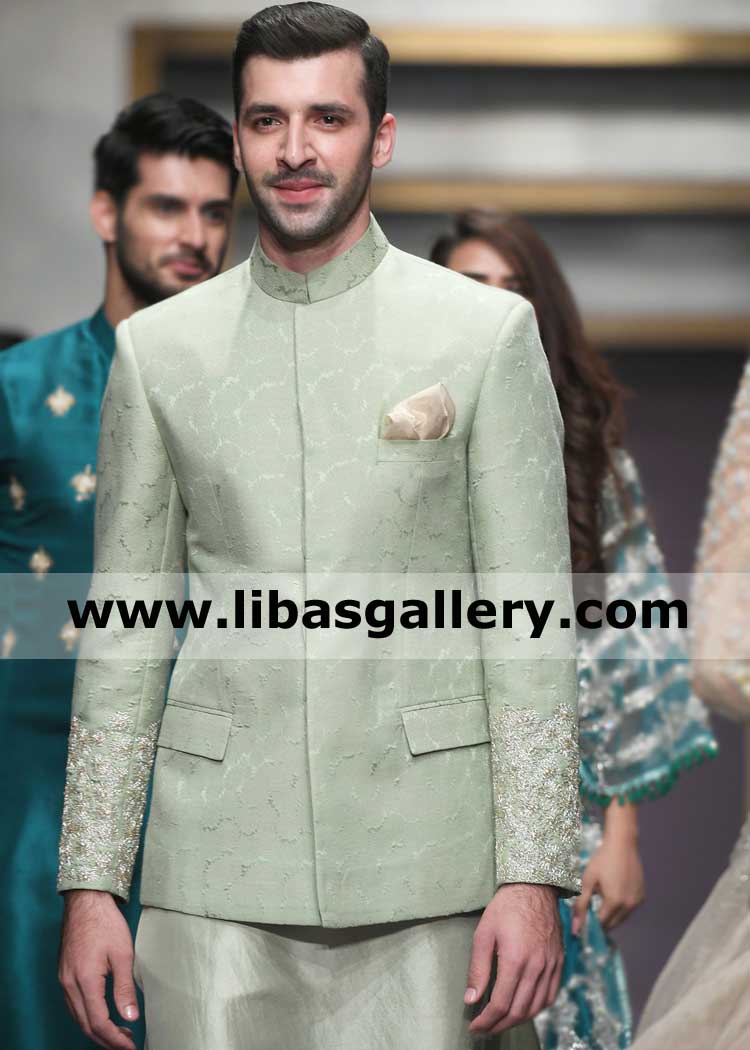 Silver gold embellished Grape Green Wedding Prince Suit for groom dulha mehndi and nikah event karandi fabric paired raw silk kurta pajama uk usa new zealand