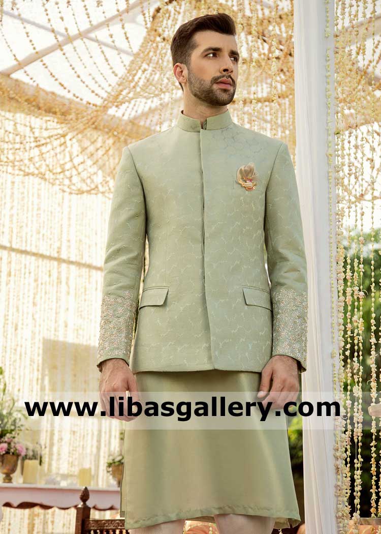 Silver gold embellished Grape Green Wedding Prince Suit