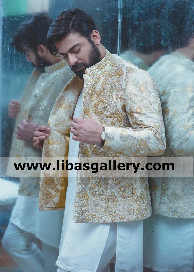 fawad khan wearing heavily embellished short groom ivory Sherwani prince suit gold hand crafted with white inner kurta pajama fast delivery worldwide uk usa qatar