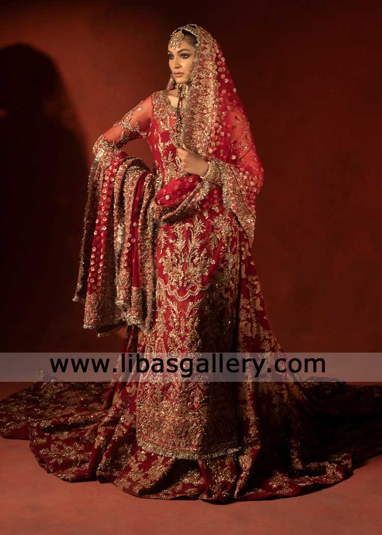 Raspberry Red Bridal Shirt with Trail Lehenga and Dupatta Set