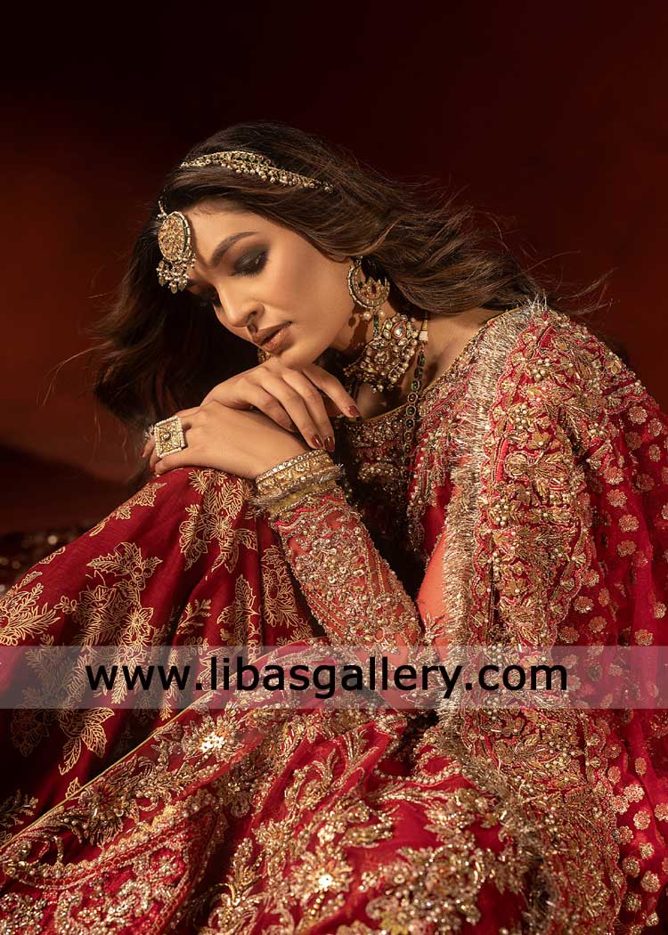 Raspberry Red Bridal Shirt with Trail Lehenga and Dupatta Set