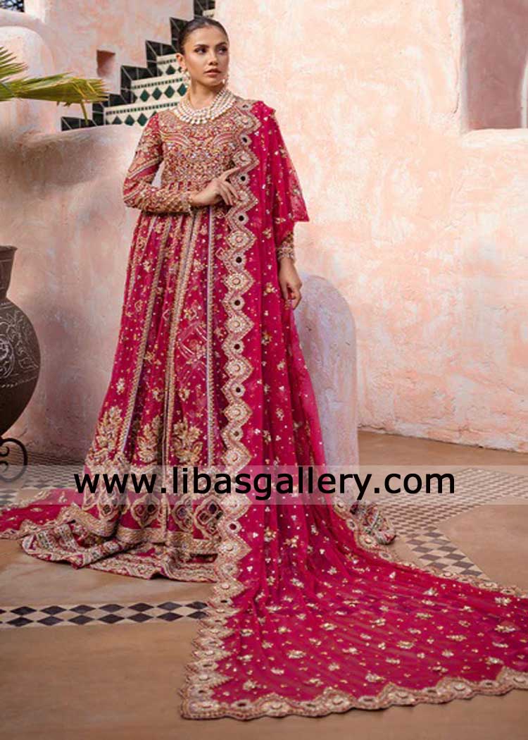 Raspberry pink bridal front open gown intricate hand embellishment paired bridal dupatta to tribute with cut work UK USA Canada Dubai Australia