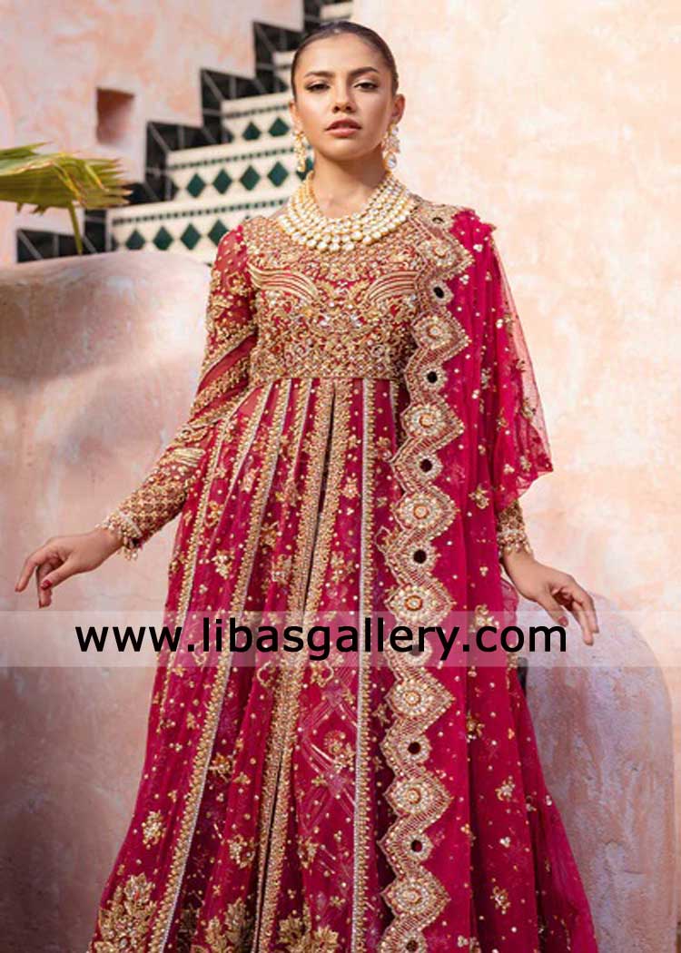 Raspberry pink bridal front open gown and Lehenga