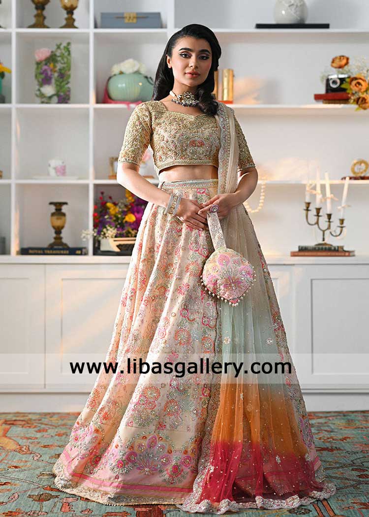 Fawn lehenga raw silk digital print CA USA with choli for nikah | Nikah Wear Fawn lehenga raw silk digital print CA USA with choli for nikah | Nikah Wear