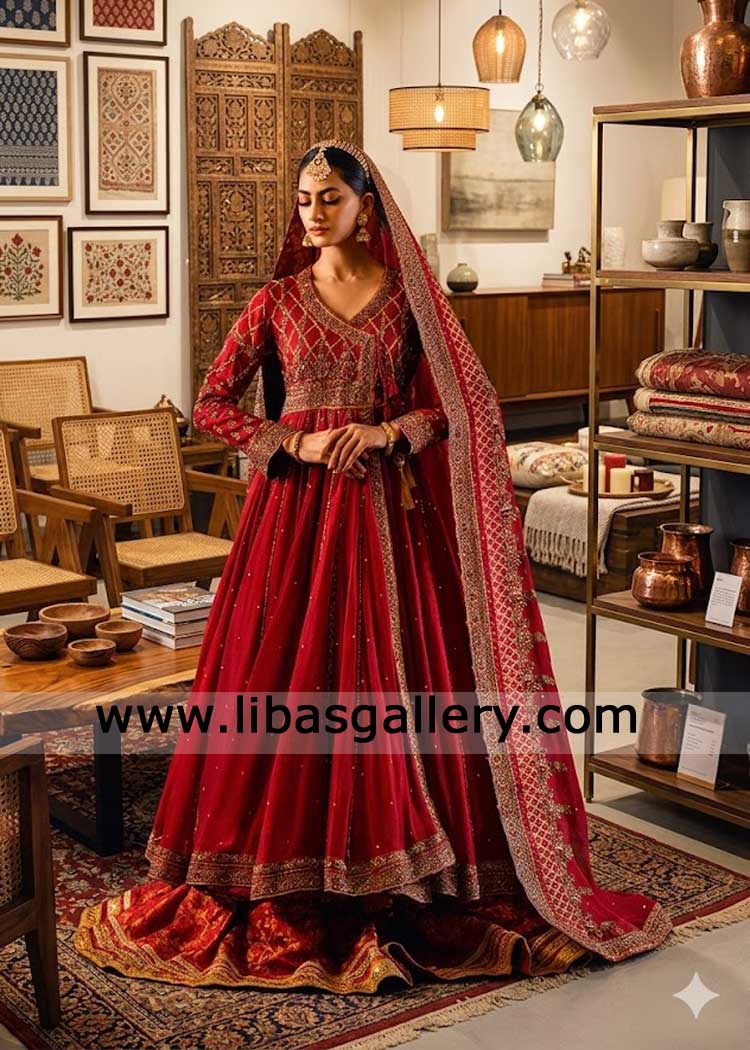 Red Angrakha style bridal dress heavy hand embellished kora dabka work paired banarsi lehenga and work dupatta UK USA Canada Dubai Red Angrakha style bridal dress heavy hand embellished kora dabka work paired banarsi lehenga and work dupatta UK USA Canada Dubai
