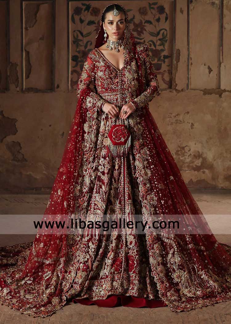 Deep red Bridal Peshwas with lehenga for wedding