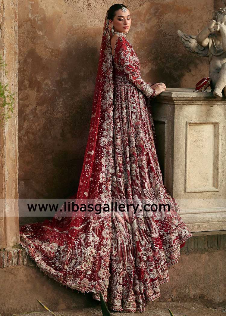 Deep red Bridal Peshwas with lehenga for wedding