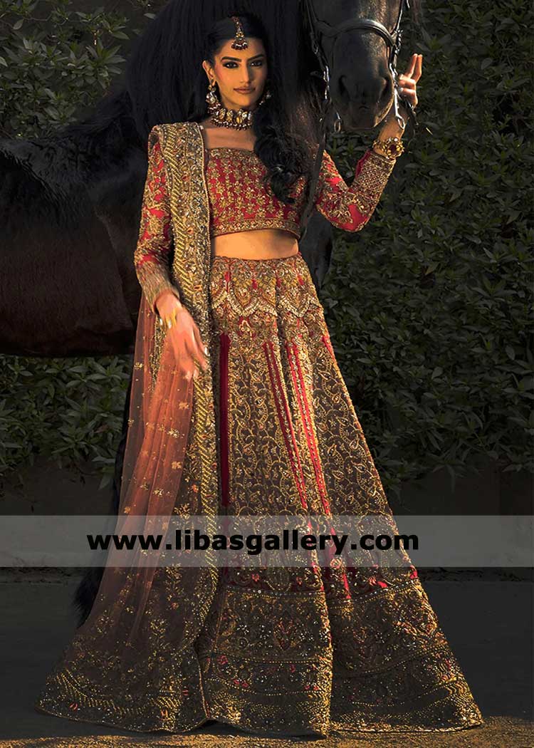 Red Bridal Lehenga Choli with Antique Gold Hand Embellishment