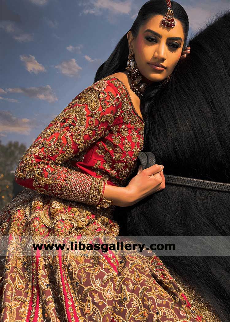 Red Bridal Lehenga Choli with Antique Gold Hand Embellishment