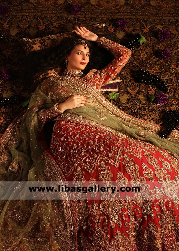 Bridal Lehenga Choli in Red traditional Color with embellishment and Green Bridal hand work dupatta ideal for Nikah Barat Girl