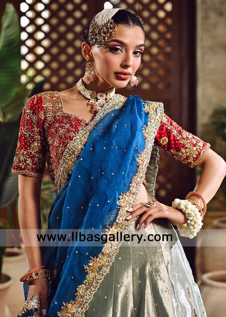 Red Choli with Mint Lame Lehenga Scalloped Border