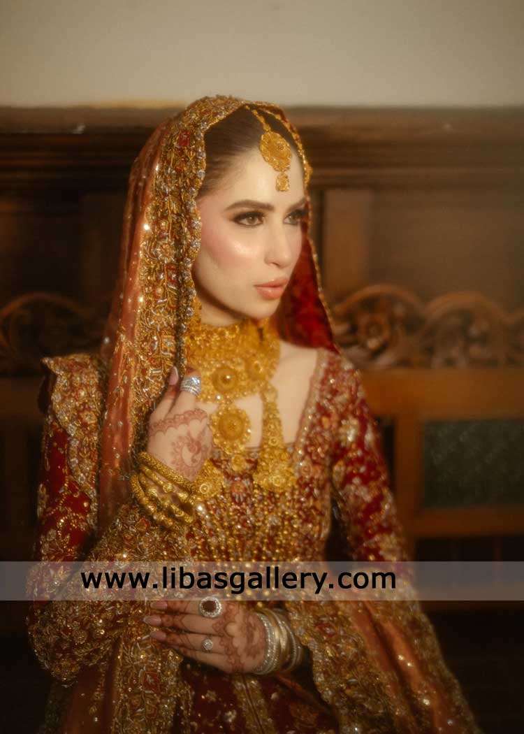 Traditional Red Bridal Dress with Farshi Lehenga for Wedding