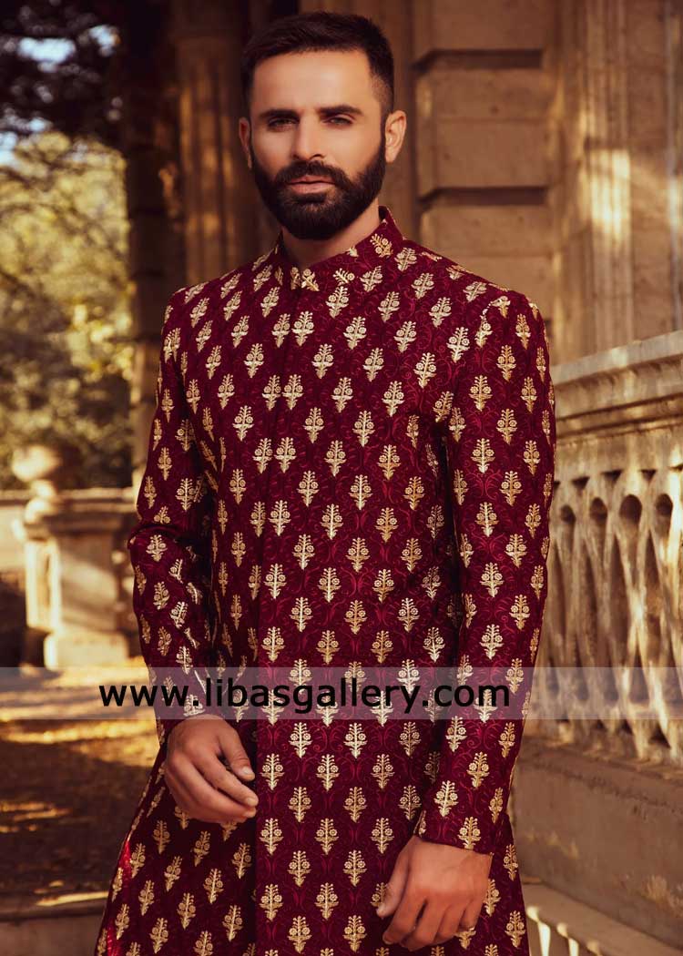 Red and Gold Embroidered Groom Nikah Sherwani with Turban