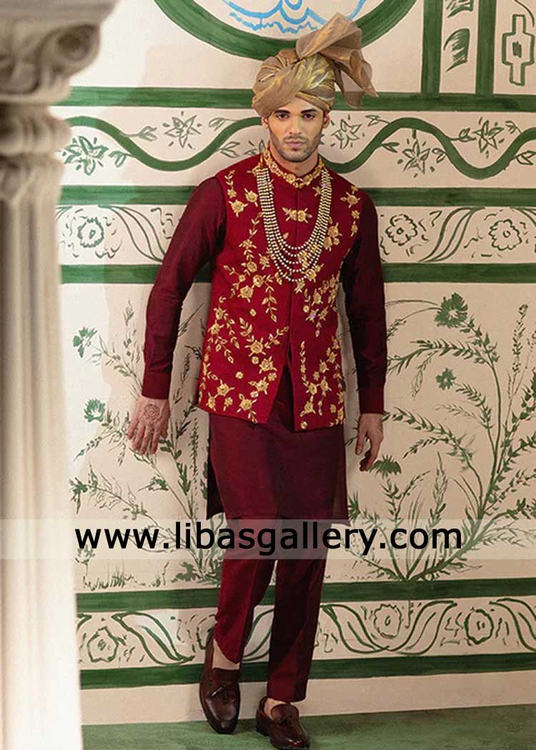 Buy Red and gold embroidered waistcoat Dubai UK Groom waistcoat Red silk gold embroidered waistcoat Classic Pakistani Men Waistcoat