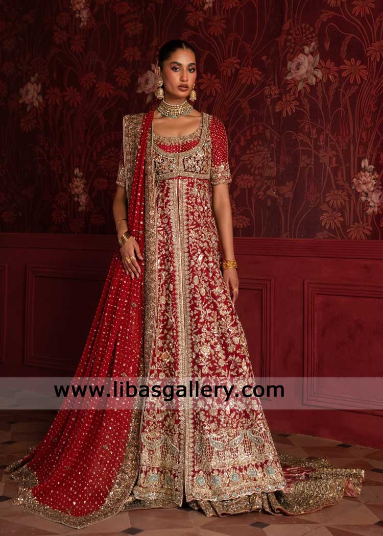 Red Hand Embellished Front open Bridal Peshwas with Lehenga