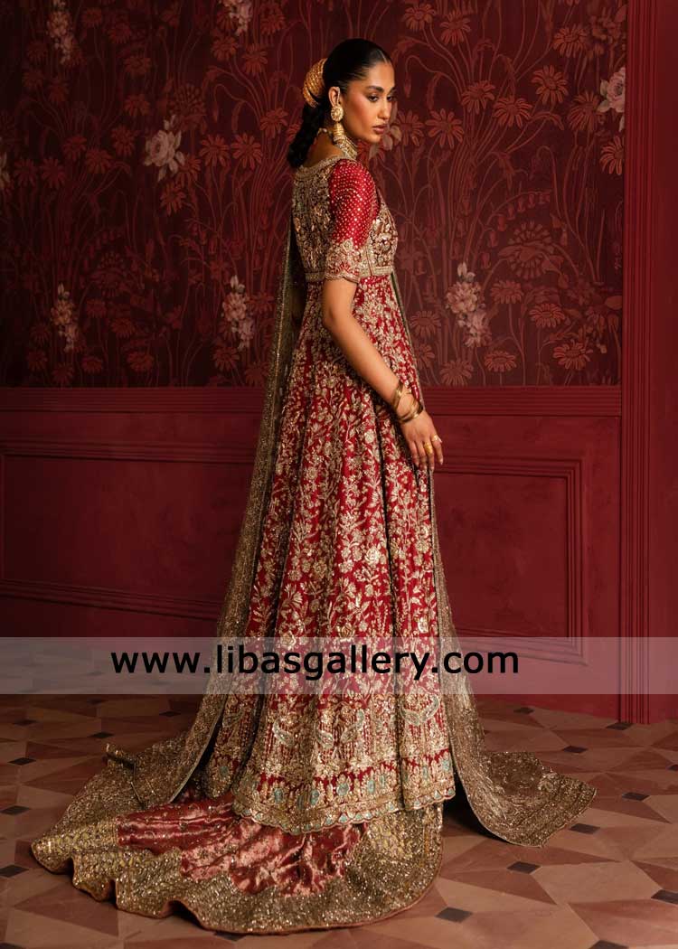 Red Hand Embellished Front open Bridal Peshwas with Lehenga