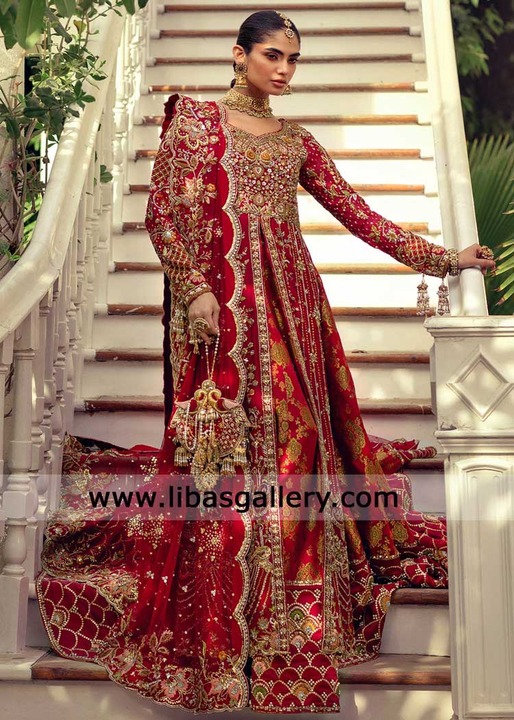 Luxury red kalidaar bridal with lehenga and dupatta USA | Bridal Dresses