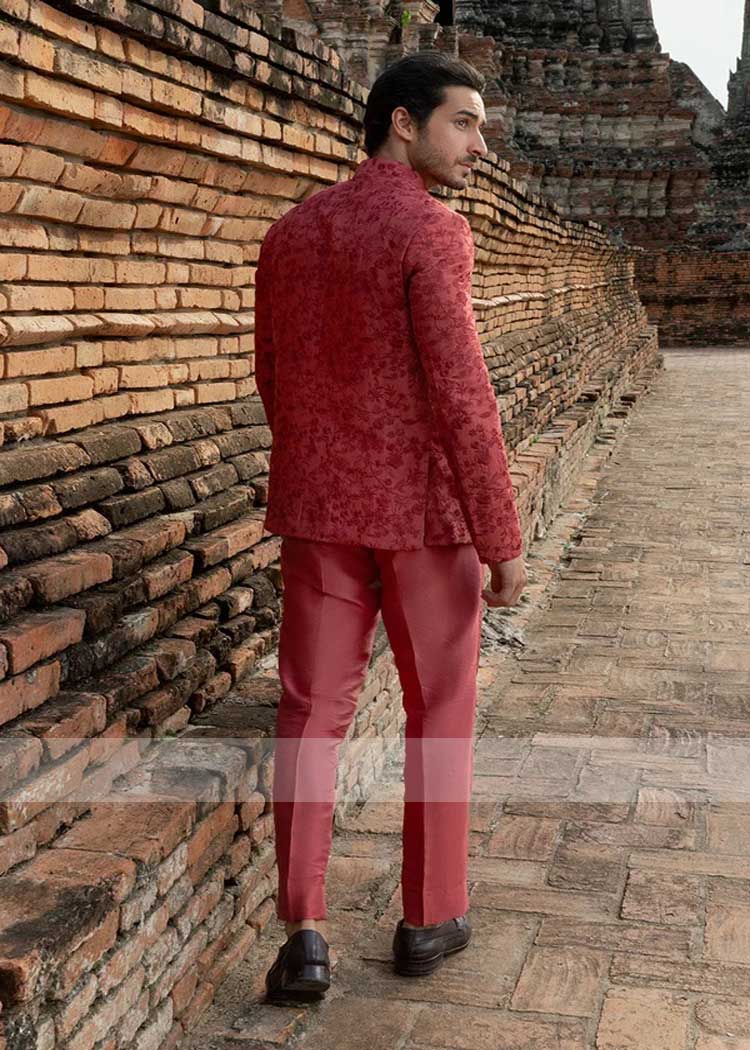 Brick red Tonal Embroidered Groom Prince Coat