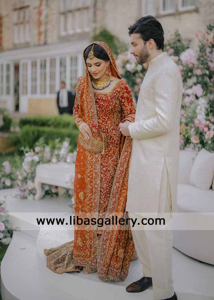 Traditional Farshi Bridal with Trail and embellished Dupatta