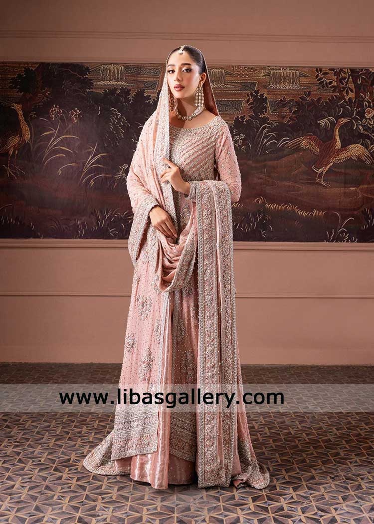 Rose Pink Hand Embellished Bridal Farshi Gown with Lame Lehenga and Dupatta Rose Pink Hand Embellished Bridal Farshi Gown with Lame Lehenga and Dupatta